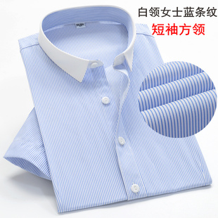 白领蓝条纹职业衬衫，男女短袖夏季酒店，银行工作服衬衣女士工装长袖