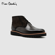 Pierre Cardin/皮尔卡丹男鞋真皮拼接绒面感皮靴加绒保暖马丁靴