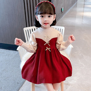 女童连衣裙春秋款洋气，韩版儿童加绒毛衣公主，裙女宝宝红色针织裙子