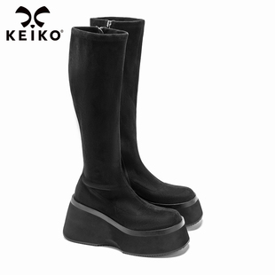 KEIKO 厚底弹力绒布长靴骑士靴女2023秋冬黑色高筒时装靴子瘦瘦靴