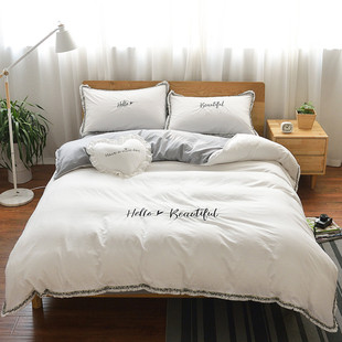 ins裸睡水洗棉四件套纯色简约床单被套1.8m单双人床北欧床上用品
