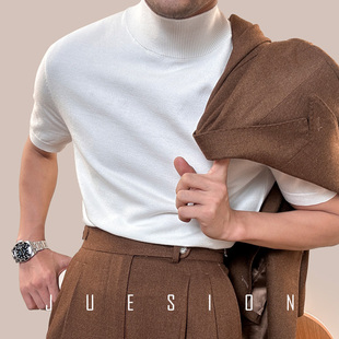 juesion半高领毛衣男短袖纯色，高级感韩版潮流打底羊毛，针织衫t恤