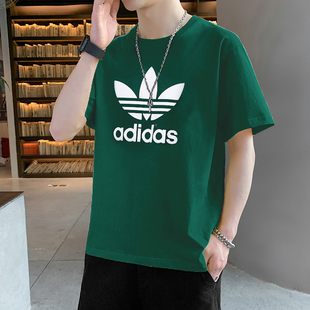 阿迪达斯三叶草短袖男夏季绿色宽松上衣纯棉运动美式T恤男IA4819