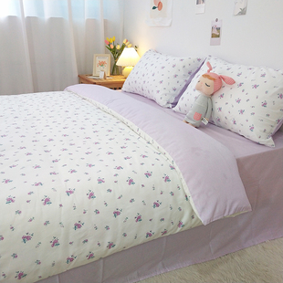 美式紫色小清新碎花，全棉床上四件套纯棉田园风，被套床笠床单三件套