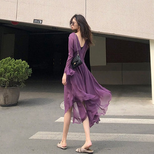 紫色雪纺连衣裙女神设计感小众夏装2023高级感轻熟超仙裙子