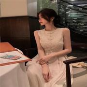 新中式旗袍改良小个子国风独特别致高级感白色无袖蕾丝连衣裙子夏