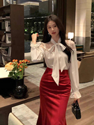韩版高级感减龄蕾丝气质复古丝绒上衣女秋冬法式小众设计衬衫