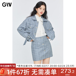 GW大码小香风单排扣半身裙套装2022秋季时尚短款长袖外套女