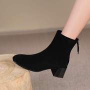 欧美风短靴女靴2023秋冬黑色羊皮粗跟高跟靴简约时装靴瘦瘦靴