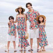 沙滩亲子装海边度家三口夏威夷母女装吊带连衣裙短袖衬衫套装