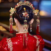 红色中式凤冠新娘头饰后区流苏古典盘发国风气质旗袍秀禾头饰套装