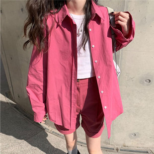 百思朵树莓色衬衫，女小个子高级感玫粉色，上衣梅子色宽松玫红色外套