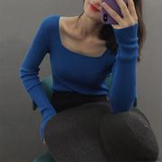 克莱因蓝方领针织衫女2023秋季复古修身显瘦打底内搭长袖上衣