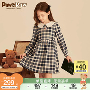 pawinpaw卡通小熊童装，2024年春季女童格纹淑女，风印花连衣裙