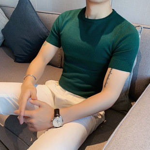 短袖针织T恤男韩版修身春秋款半袖毛衣体恤圆领纯色打底衫男上衣
