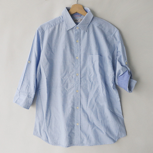 棉麻衬衫天蓝色日本单七分(单七分)袖半袖，卷袖翻领衬衫衬衣男装春夏季外贸