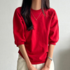 韩国版型设计很仙显瘦小香风泡泡袖春夏纯色插肩袖圆领中袖T恤女