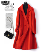 双面羊绒大衣女中长款西装领红色妮子春秋，高端气质羊毛呢外套