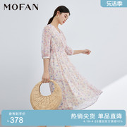 mofan摩凡法式甜美v领茶歇裙春夏粉色花纹七分袖高腰显瘦连衣裙