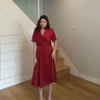 红色v领连衣裙2023夏中长款气质赫本风复古高端显瘦高腰裙子