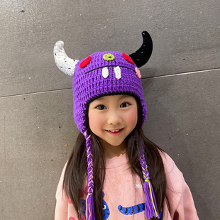 痞幼同款帽子紫色搞怪牛角恶魔帽子可爱针织毛线帽护耳帽儿童宝宝