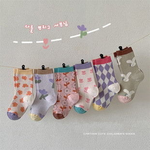 3双韩版秋冬儿童袜子卡通小花小兔中筒袜双针双路短袜