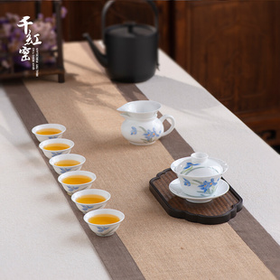 千红窑茶具茶杯套装6人小套，家用简约釉下彩，手绘兰草功夫茶具陶瓷