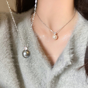 单颗灰色珍珠锆石吊坠项链，女2024小众，毛衣链简约颈链配饰