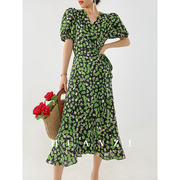 5折绿色森林法式泡泡，袖收腰显瘦碎花，气质连衣裙女夏季裙子