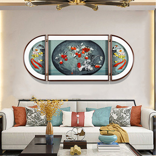 新中式客厅沙发背景墙装饰画大气3D立体画LED灯浮雕玉石三联挂画