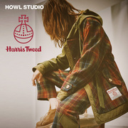 商场同款HOWL英国国宝面料Harris Tweed拼接军装连帽羊毛大衣