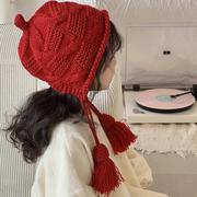 儿童新年帽子小女孩秋冬款龙年红色针织帽女童过年保暖毛线护耳帽