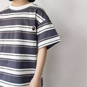 猴子条纹衫3D感官棉透气短袖T恤夏季日系男女童装中大童休闲上衣