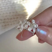 高档珍珠花朵s925纯银戒指女小众设计高级感气质时尚个性开口食指