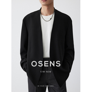 OSENS订纺高织高密V领外套设计师品牌秋季单排扣无领西装男