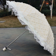 蕾丝绣花玫瑰花米白色黑胶防紫外线防晒二折伞太阳伞公主晴雨伞