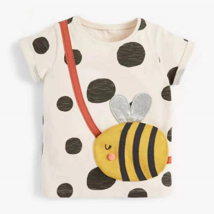 女童短袖t恤纯棉上衣儿童，宝宝夏季童装2023卡通，半袖波点小蜜蜂5岁