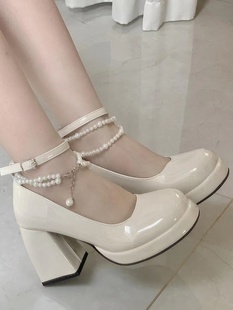 名典法式珍珠玛丽珍鞋女2023夏季小皮鞋温，柔风高跟单鞋珍珠