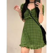 连衣裙轻熟法式少女绿色格子大码女装夏季甜美收腰裙