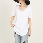 夏季韩版纯棉圆领宽松大码休闲中长款短袖体恤，上衣白色开叉女