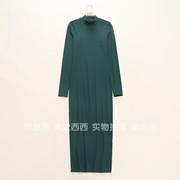 41102瑞典单~高级感深绿色小立领修身长袖连衣裙长裙打底裙0.25