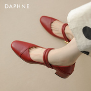 达芙妮红色单鞋女士浅口真皮，2023夏季法式玛丽珍女鞋粗跟婚鞋
