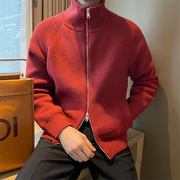 韩版红色加绒保暖学院风毛衣外套立领加厚款潮男双拉链针织衫夹克