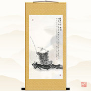 姜太公钓鱼画像 姜子牙挂画 x卷轴画人物国画 绢布材质可定制订做