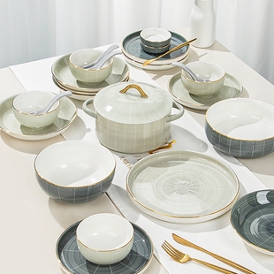 现代轻奢碗碟套装家用北欧餐具网红金边陶瓷饭碗盘子碗筷组合桑陌