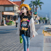 女童长袖t恤春装，韩版中大童洋气印花上衣，儿童蕾丝打底衫