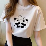 熊猫卡通印花夏季薄款透气流行上衣女短袖，时尚学生青年打底衫t恤