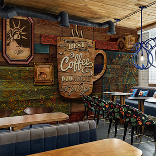 欧式复古3立体个性墙纸咖啡餐厅壁纸创意木板纹字母酒吧壁画