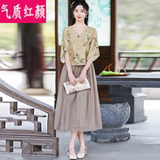 民族风夏装复古棉麻短袖，t恤女中国风唐装，v领棉麻上衣半身裙两件套