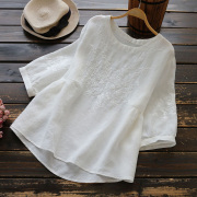 棉麻短袖t恤女2023夏季韩版宽松圆领洋气，刺绣白色大码上衣